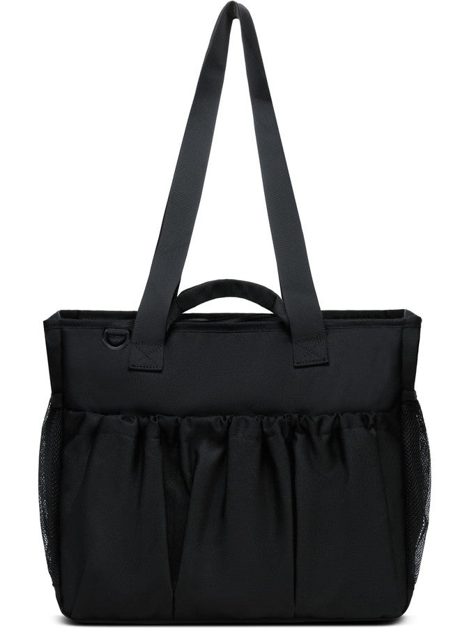 FOKDUVB Black Utility Tote with Pockets & Compartments for Women - Zippered Shoulder Bag for School, Travel, Work & Everyday Use - Water Bottle Pocket - Gift Idea - Image 2